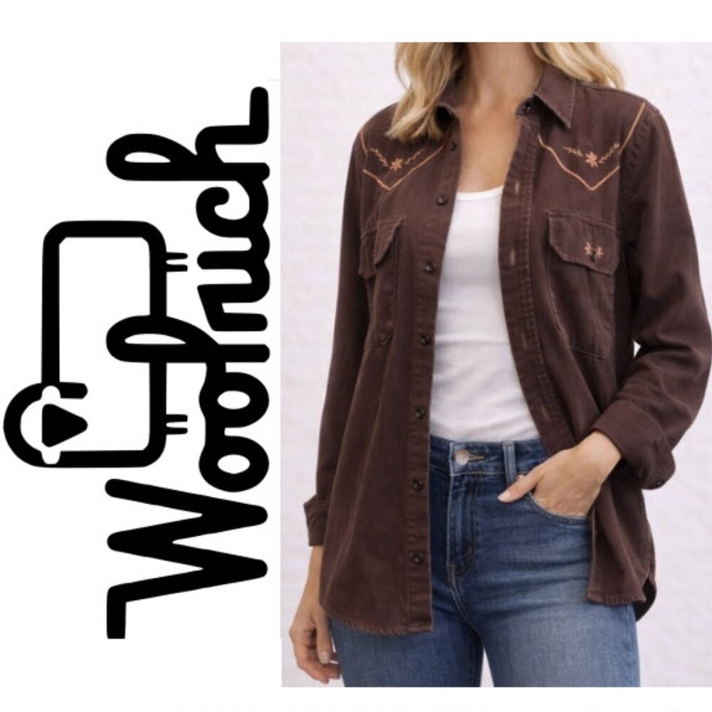 Woolrich Brown Embroidered Button Down Shirt Medium Thick Cotton Western
